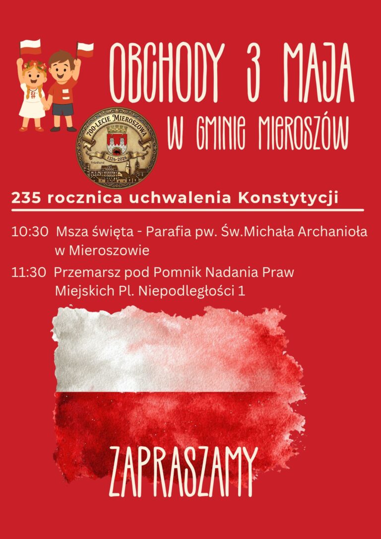 Zapraszamy na obchody Święta Narodowego Trzeciego Maja w Gminie Mieroszów!